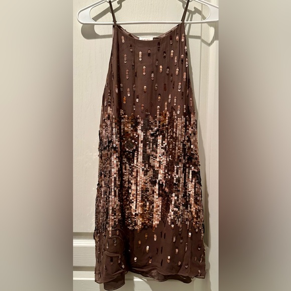 Parker Metallic Bronze & Rose Gold Sequin High Neck Silk Slip Shift Dress - Picture 2 of 8